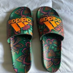 Adidas Tropical Green and Orange Patterned Slides